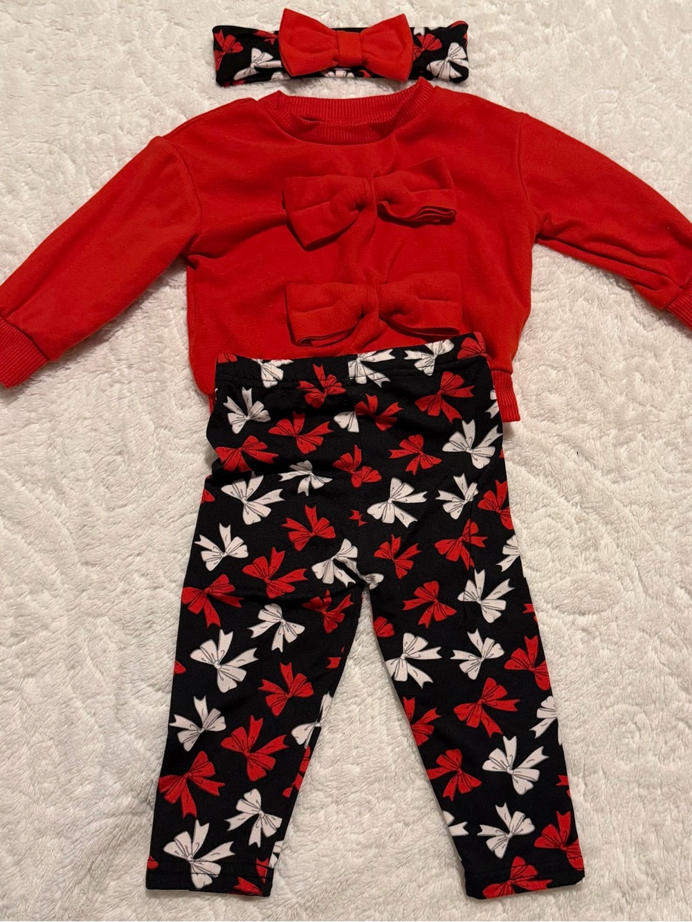 Madison Layne Baby Girl 12M 3 Piece Outfit Red Bow Top Leggings Headband